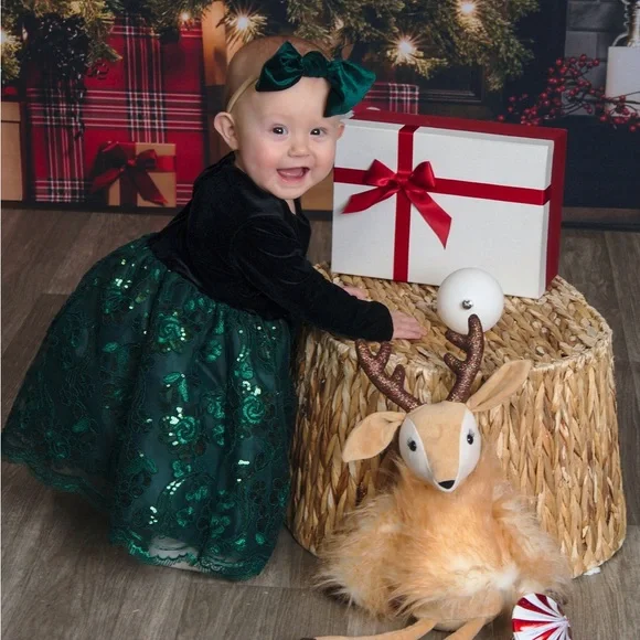 Baby Girl Formal Black Velvet & Emerald Dress with Bow - Picture 3 of 5